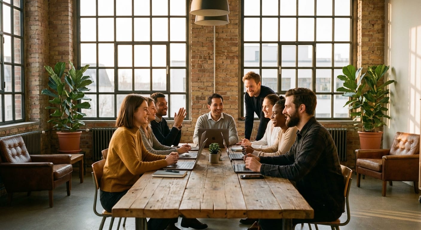 Berlin loft office with warm light and collaborative workspace - AI generated with Gemini